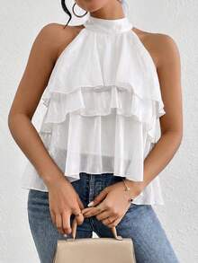 Firerie Women's Summer Multi-Layer Ruffle Asymmetrical Chiffon Halter Top,Summer Top - White - View 5