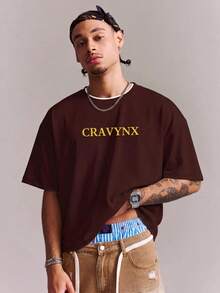 CRAVYNX 男士棕色夏季街頭風圖案T恤，個性化英文字母印花短袖上衣，短版剪裁，適合城市度假、音樂節、休閒穿著 - 咖啡棕 - 查看 4