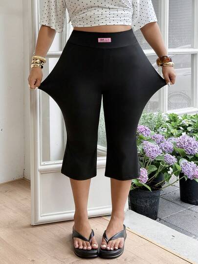Muchica Quần lửng legging co giãn màu đen dáng rộng, thường ngày.