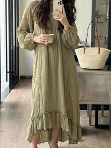 Solavon Women's Solid Color Pleated Casual Party Long Dress - Green - View 3