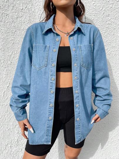 SHEIN ICON قميص جينز بأكمام طويلة للنساء، متعدد الاستخدامات للارتداء اليومي العادي ذو أزرار أحادية الصدر