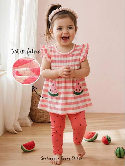 Cozy Pixies Baby Girl Striped Watermelon Applique Decor Round Neck T-Shirt And Watermelon Seed Print Casual Leggings Set