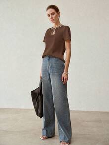 MOTF PREMIUM NEW SUMMER RHINESTONE HOLLOW OUT ROUND NECK SHORT SLEEVE T-SHIRT, SLIM FIT CASUAL TOP, UNDERSHIRT - Coffee Brown - View 4