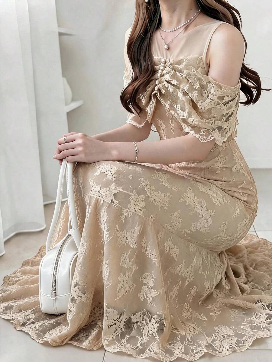 FRIFUL 女士夏季纯色透视蕾丝腰部喇叭连衣裙 - 卡其色 - 查看 1