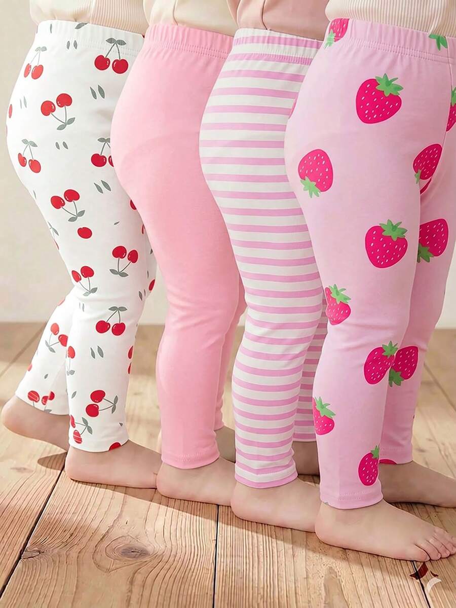4件組女嬰軟棉緊身褲套裝,紅色櫻桃、條紋、草莓印花褲,粉色與白色,夏季可愛休閒百搭 - 彩色 - 查看 1