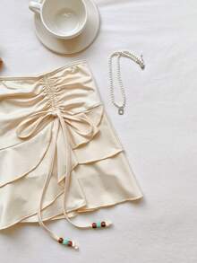 Comfortcana Women's Solid Color Drawstring Design Ruffle Hem Fashionable Skirt Beach White Autumn Cute - Apricot - View 5