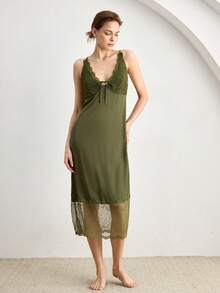 Ocili Bohemian Satin Lace Minimalist Wide Strap Bedroom Camisole & Pants Lace Comfortable Nightgown For Women - Dark Green - View 4