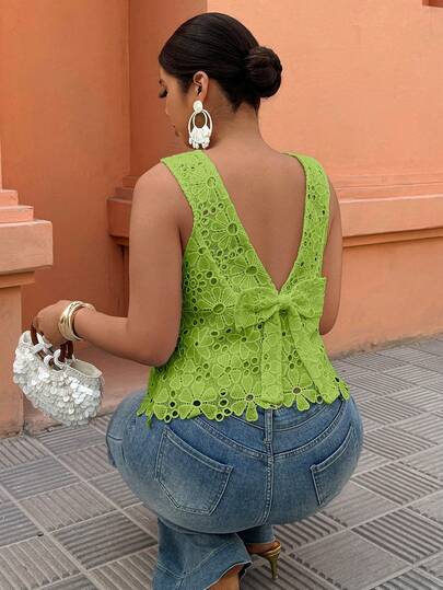 Breezaya Blusa holgada sin mangas con decoración de lazo y encaje en la espalda para mujer de talla grande, adecuada para primavera/verano, vacaciones, viajes, exterior