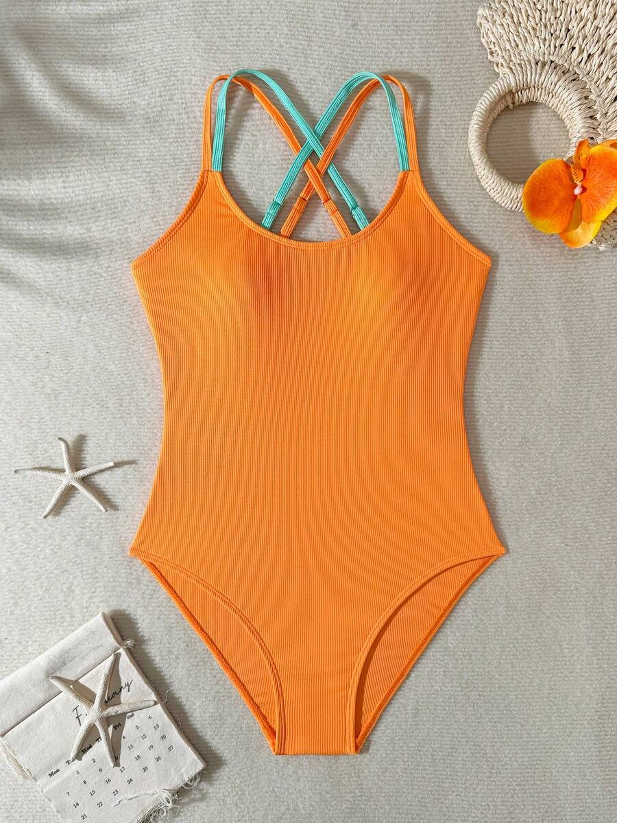 Traje de baño de una pieza con bloques de color para adolescentes, adecuado para vacaciones en la playa, fiestas en la piscina, fiestas en la playa - Naranja - Ver 1