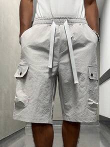 Manfinity Hypemode Men's Textured Drawstring Waist Casual Cargo Shorts With Pockets, Holiday - Light Grey - View 5