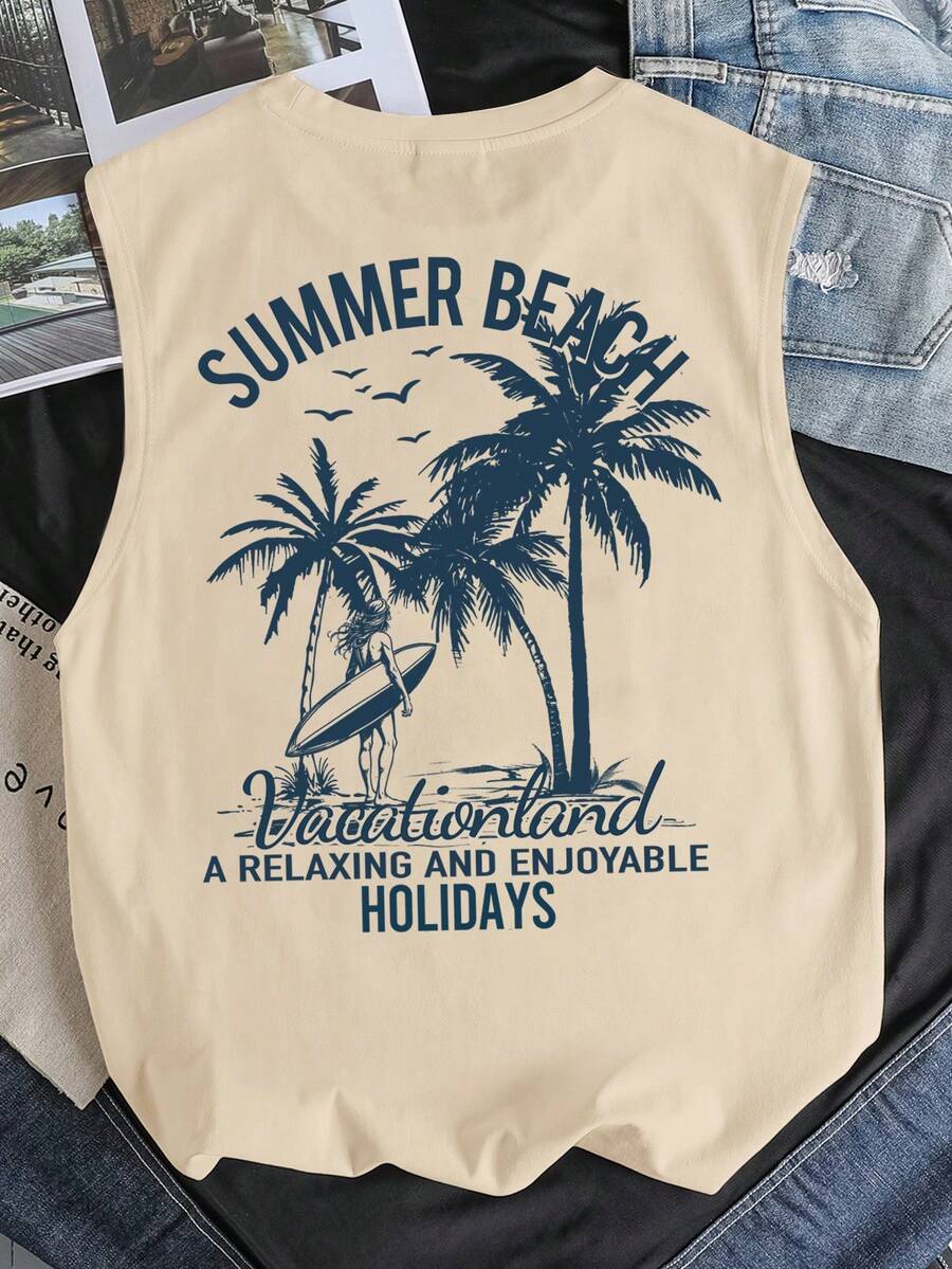 Manfinity Joysei Khaki Coconut Tree Print Men's Wide Shoulder Tank Top - Khaki - View 1