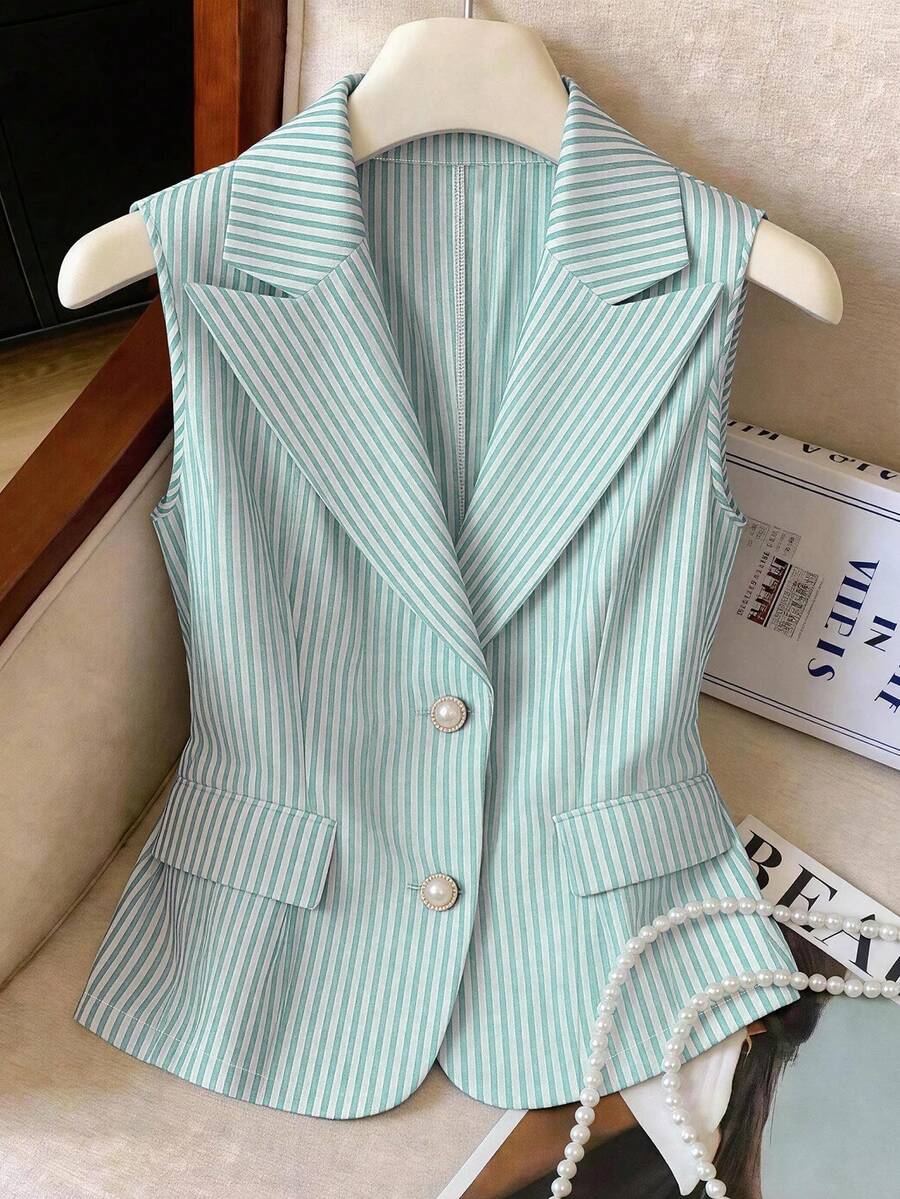 GlowEve CURVE Áo vest kẻ sọc thanh lịch, thời trang, dáng ôm, kiểu dáng công sở - màu xanh lá - Xem 1