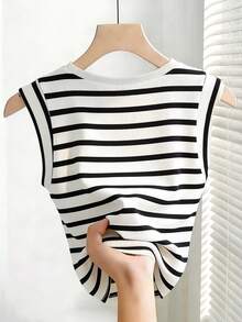 GlowEve Women's Black & White Striped Square Neck Knit Sweater, Paired With Sleeveless Camisole Vest, Fitted Short Summer Top - Black and White - View 2