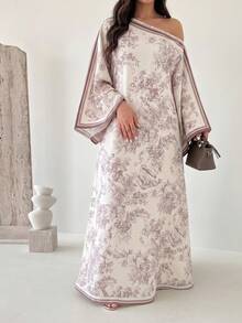 Yasveil 女士春夏提花数码印花长袖不对称领A字优雅浪漫土耳其长裙及阿拉伯传统罩袍 - 彩色 - 查看 2