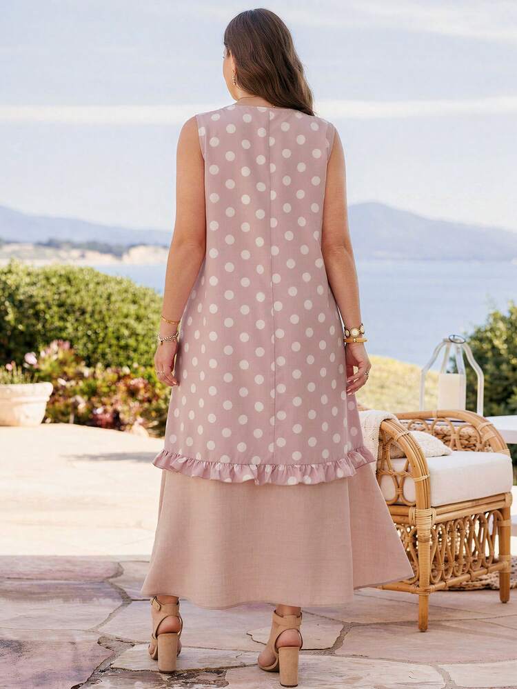 Plus Size Women Summer Fashion Polka Dot Sleeveless Patchwork Dress