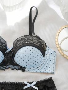 DelicateAllure Polka Dot Mesh Patchwork Lace Lingerie Set - Baby Blue - View 5