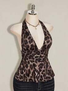 SHEIN ICON Women's Leopard Print Halter Backless Tight Crop Top, Summer Streetwear,Summer Top - Multicolor - View 9