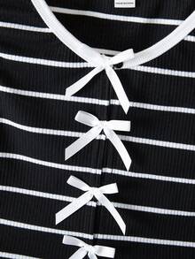SHEIN 少女夏季休闲条纹蝴蝶结装饰背心和短裤套装 - 彩色 - 查看 9