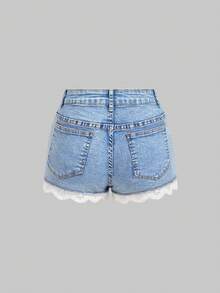 Sweetra Shorts de mezclilla elegantes para mujer con ribete de encaje - Azul - Ver 6