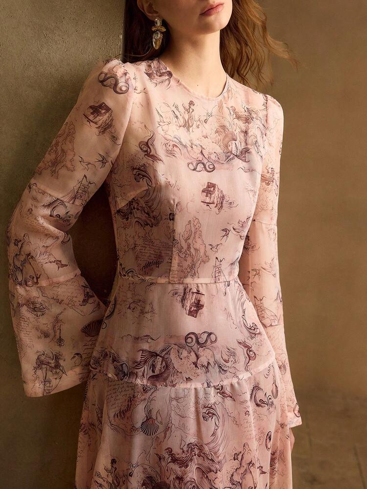 WOMEN'S ELEGANT ROUND NECK LONG LANTERN SLEEVE DRESS