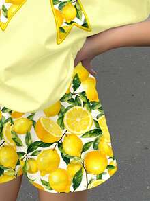 Tween Girl Sweet Retro Cream Lemon Tree Bow Print Pattern Vacation Countryside Style Short Sleeve T-Shirt And Shorts 2-Piece Set, Suitable For Summer - Multicolor - View 5