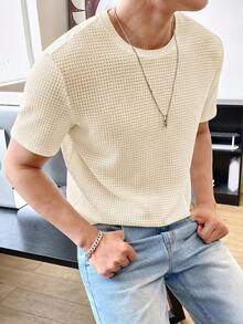 EASEVO Plus Size Men's Casual Waffle Knit Round Neck Short Sleeve T-Shirt - Beige - View 4