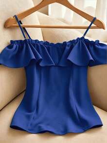 Resyla Women's Solid Color Spaghetti Strap Ruffle Hem Elegant Front Button Shirt, Summer - Royal Blue - View 2
