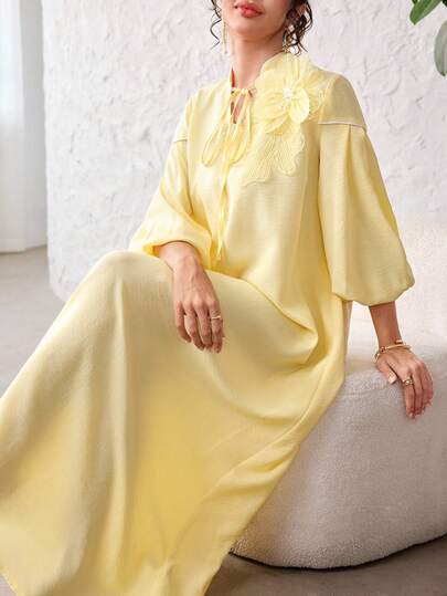 Yasmyna Yellow Sweet Lantern Sleeve Tie-Waist Loose Flowy Elegant Holiday Dress For Women