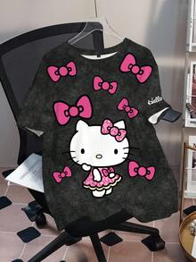 HELLO KITTY AND FRIENDS | SHEIN 大码女式圆领蝴蝶结卡通印花休闲百搭日常T恤 - 白色 - 查看 1