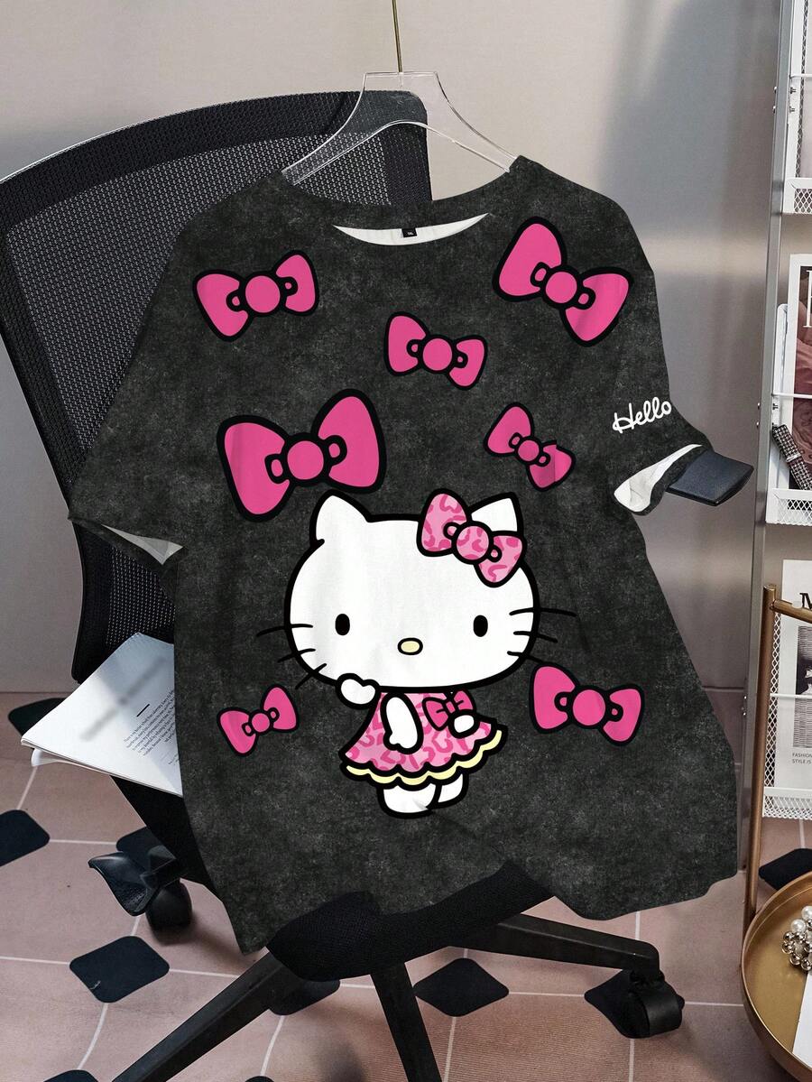 HELLO KITTY AND FRIENDS | SHEIN 大码女式圆领蝴蝶结卡通印花休闲百搭日常T恤 - 白色 - 查看 1