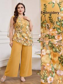 Reflora Bộ đồ 2 món cỡ lớn, thanh lịch, thêu hoa, gồm áo và quần. - Màu vàng - Xem 2