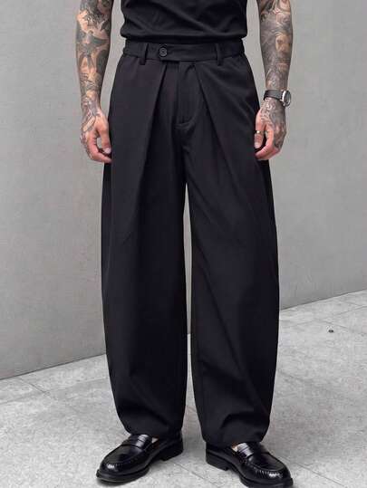 GENTILAND Pantalones sueltos plisados de unicolor minimalista para uso casual y trayectos diarios para hombres