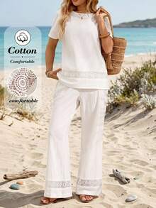 EMERY ROSE Women's Lace Patchwork Cotton Camisole And Pants 2 Pieces Set, Spring/Summer,Summer Outfits For Women - White - View 3