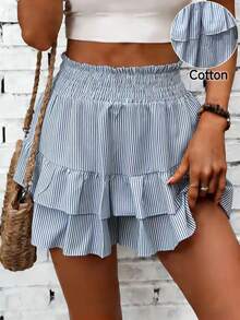 SHEIN Holidaya Váy ngắn cạp chun kẻ sọc xanh trắng - Xanh và trắng - Xem 1