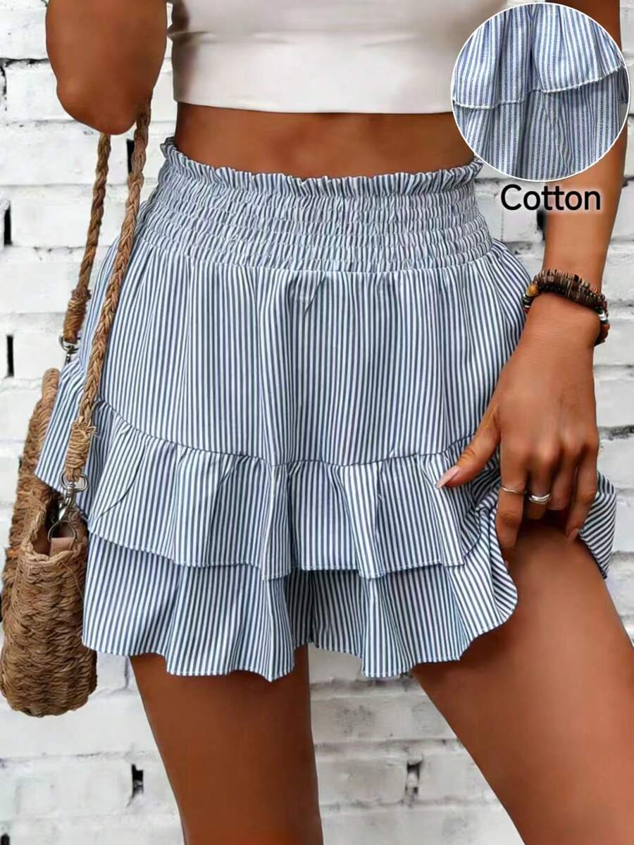 SHEIN Holidaya Váy ngắn cạp chun kẻ sọc xanh trắng - Xanh và trắng - Xem 1