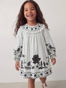 Maija Kids Maija Kids 1件女童优雅休闲度假精致舒适百搭条纹花卉图案宽松荷叶边下摆连衣裙，适合日常穿着、返校、郊游、聚会、节日、春季、夏季 - 黑與白 - 查看 6