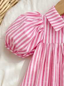 SHEIN LMoss Kids 女嬰編織條紋泡泡袖休閒領口襯衫洋裝 - 粉色 - 查看 6