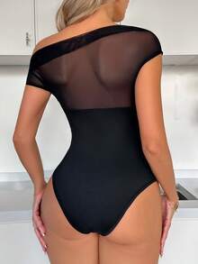 SHEIN Tall 女款性感透視網紗拼接無袖連身衣，黑色，夏季度假穿搭 - 黑色 - 查看 3