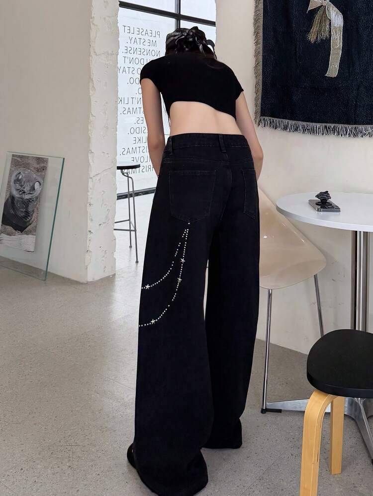 Women's Loose Casual Wide-Leg Rhinestone Embellished Jeans, Korean Style