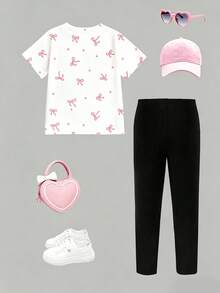 Bộ đồ đôi cho bé gái gồm áo thun ngắn tay cổ tròn dáng rộng in nơ dễ thương và quần legging đen, thích hợp cho mùa xuân/hè. - Nhiều màu - Xem 4