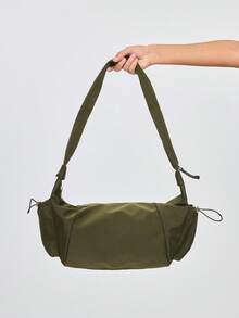 ROMWE Fairycore 1pc Nylon Fabric Multi-Pocket Dumpling Crossbody Bag, Women Casual Pleated Drawstring Shoulder Bag, Slouchy Bohemian Hobo Bag , Bohemian Outfit For Women , Green - Army Green - View 6