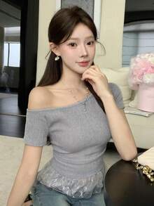 DAZY 女士网眼拼接斜肩修身休闲日常T恤 - 灰色 - 查看 10