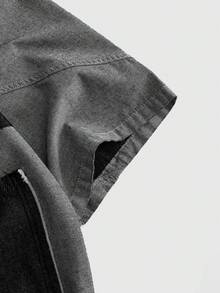 ROMWE MEN Áo sơ mi denim tay ngắn nam, hai túi, phối màu tương phản, có khóa kéo. - Xám - Xem 5