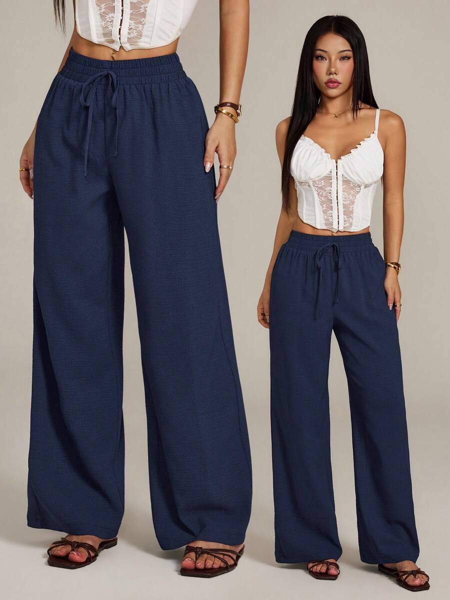 SHEIN PETITE Women Solid Color Tie Waist Straight Loose Casual Pants Winter Blue Spring - Navy Blue - View 1