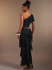 Hauture Women's Sexy One-Shoulder Asymmetrical Neck Fringe Tassel Layered Maxi Dress Bamboo Ring Decor - Black - View 6