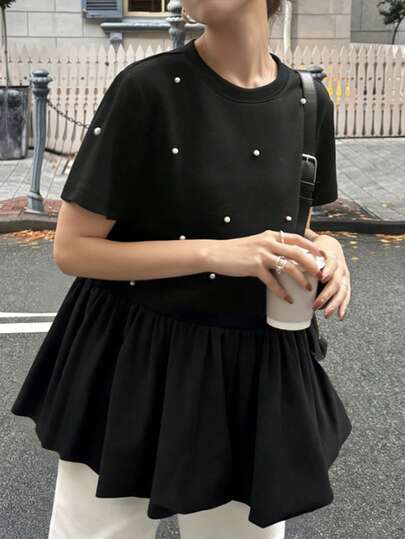 FRIFUL เสื้อยืดคอกลมแขนสั้นประดับพลอยเทียมจับจีบสีพื้นสำหรับผู้หญิงช่วงฤดูร้อน