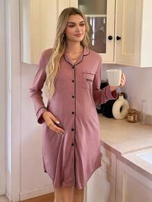 Moonlight&Mama Maternity Comfortable Contrast Trim Front Button Pocket Long Sleeve Dress, Summer Home Wear - Redwood - View 3