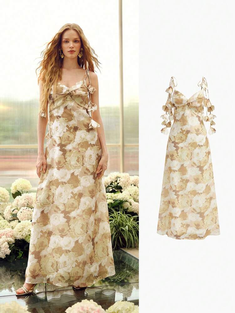 ELEGANT SPAGHETTI STRAP DEEP V-NECK MAXI PARTY DRESS FOR WOMEN, CHEST KNOT DETAIL, ADJUSTABLE SHOULDER TIES WITH 3D FLORAL ACCENTS