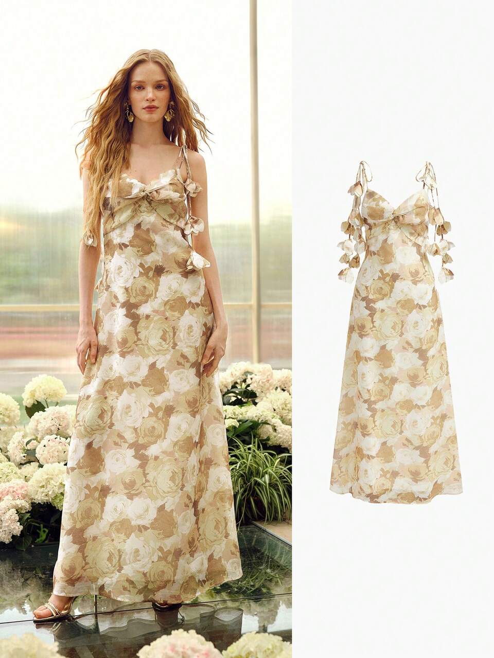 ELEGANT SPAGHETTI STRAP DEEP V-NECK MAXI PARTY VACATION DRESS FOR WOMEN, CHEST KNOT DETAIL, ADJUSTABLE SHOULDER TIES WITH 3D FLORAL ACCENTS WHITE