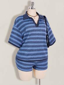 SHEIN ICON 大码女式条纹短袖T恤和短裤休闲套装 - 藍色 - 查看 4